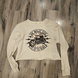 Altar'd State Cream Graphic Cropped Motorcycle Santa Sweatshirt